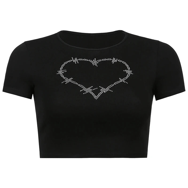 Women T-Shirt Y2k Style Crop Tops Tees Rhinestones Slim Graphic Summer Fashion Harajuku Streetwear Short Sleeve Women Clothes