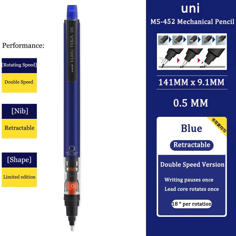 UNI Kuru Toga Mechanical Pencil M5-452 Drawing Pencil 0.5mm Low Center of Gravity Automatic Rotation School Supplies Stationery