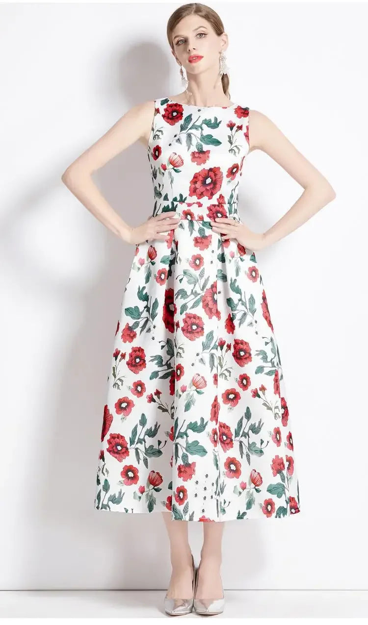 Summer New Long Floral Print Dress Big Hemline Slimming Fashionable Umbrella Skirt Style Sleeveless Women's Dress