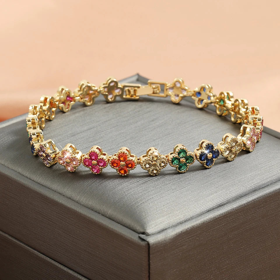 UILZ 1pc Rainbow Colorful Clover Zircon Bracelet Fashion Charm Gorgeous Charm Exquisite Cute Sweet Shining Crystal Jewelry Gift