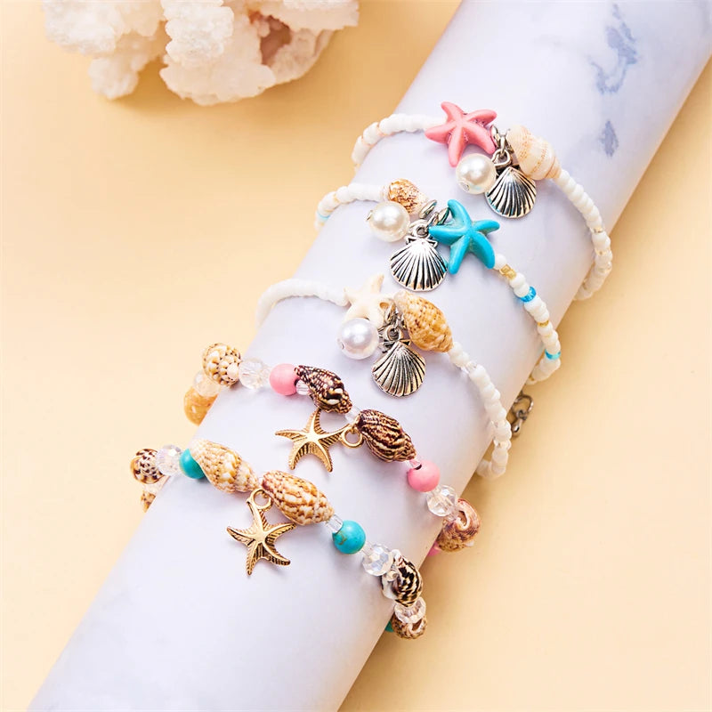 Boho Starfish Conch Bracelet Anklets for Women Cute Adjustable Shell Rice Beads Ankle Bracelets Girls Summer Foot Beach Jewelry