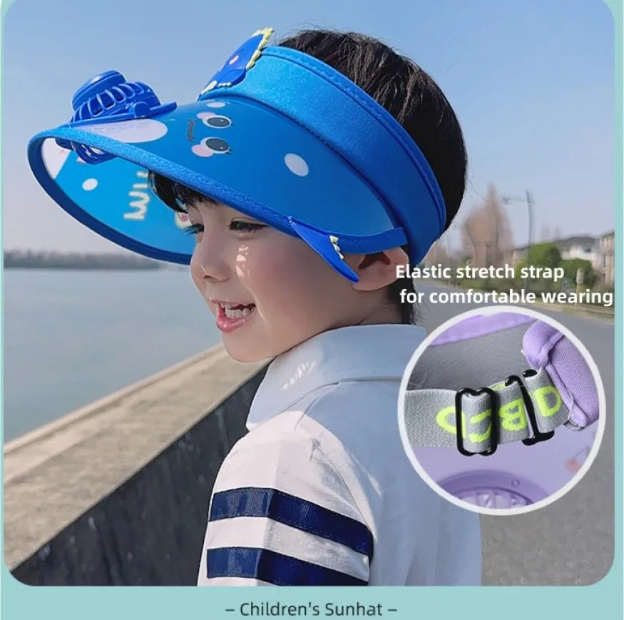 Children's Summer Sun Hat with Fan Sun Protection Hat Cartoon Outdoor Sun Protection Hollow brim Open Top Sun Protection Hat
