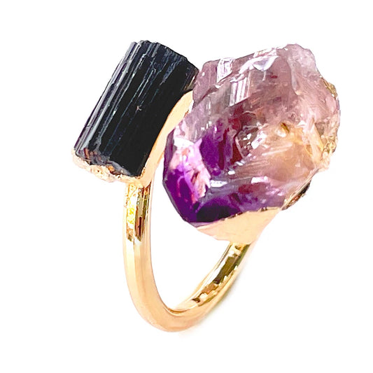 Irregular Rough Stone Open Ring for Women Gold-color Raw Amethyst Finger Jewelry with Black Tourmaline Resizable