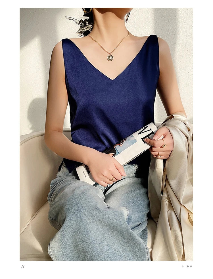 Women's New Four Seasons Inner Wear Silk Suspenders 2022 V-Neck Solid All-Match Satin Vest Soft Loose Thin Lady Sleeveless Tops