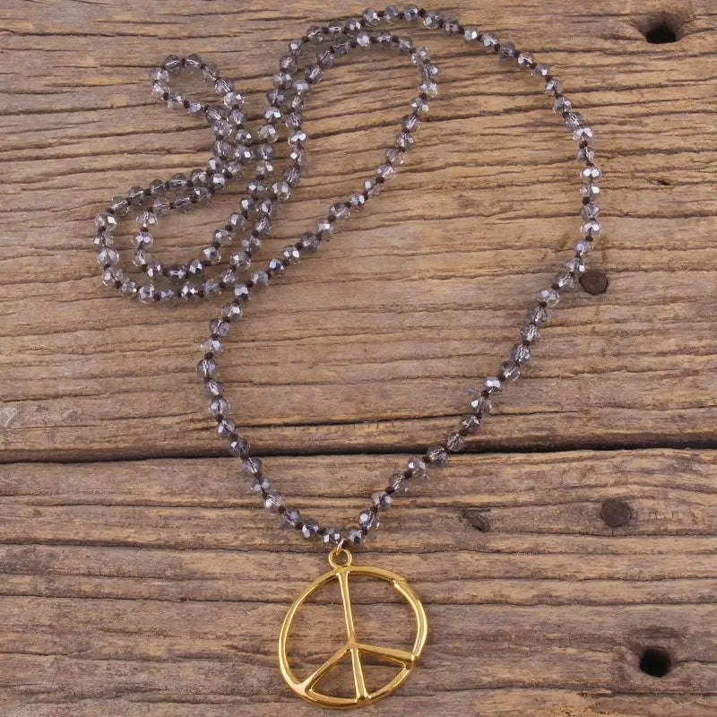 Fashion Boho Jewelry Accessory 6mm Glass Knotted With Metal Peace Pendant Necklaces For Women Femme Bohemia Necklace Gift