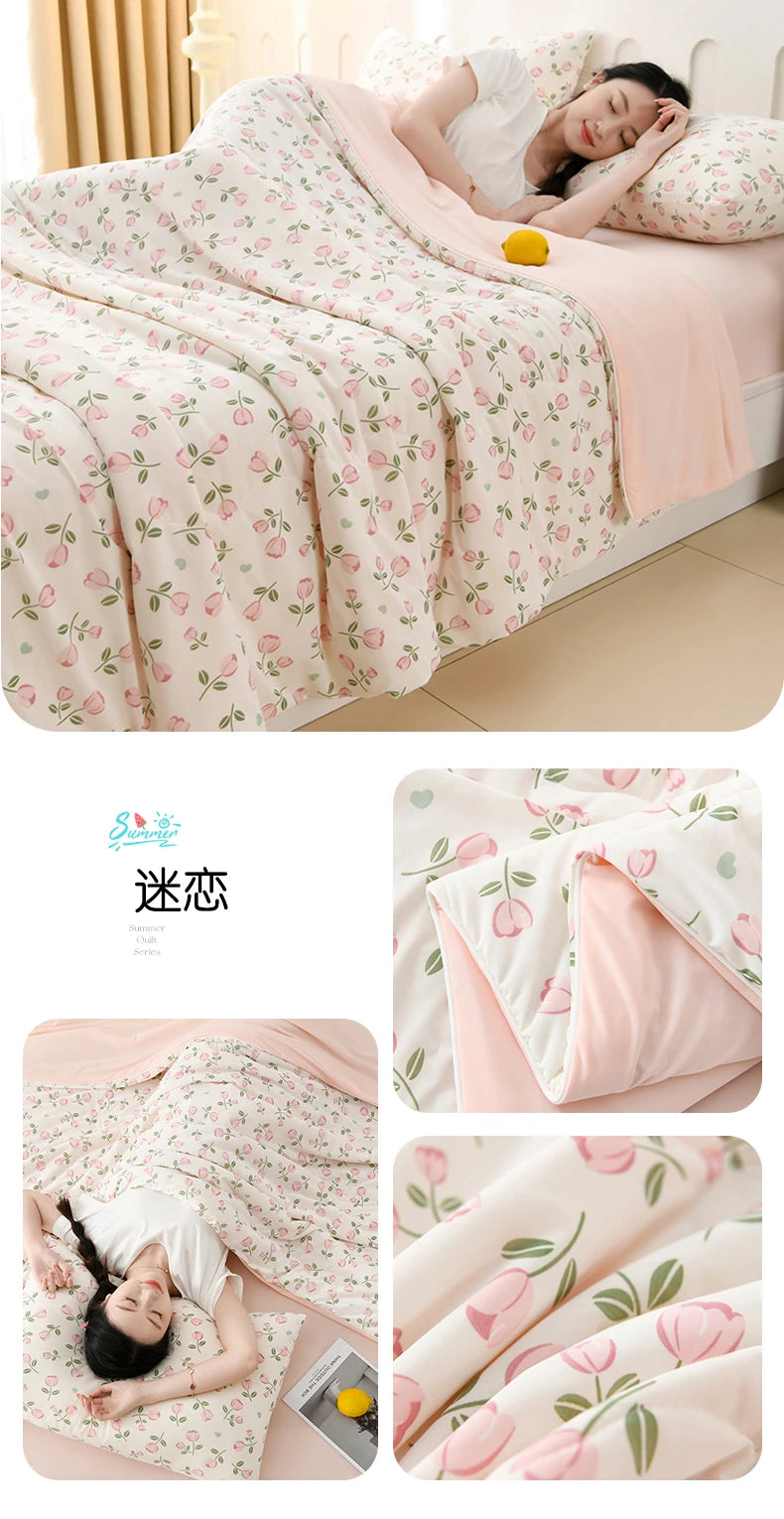 New Prints Cooling Blanket for Bed Silky Lightweight Summer Quilt Double Side Cold & Cooling Fabric Duvet Comforter Ice Silk
