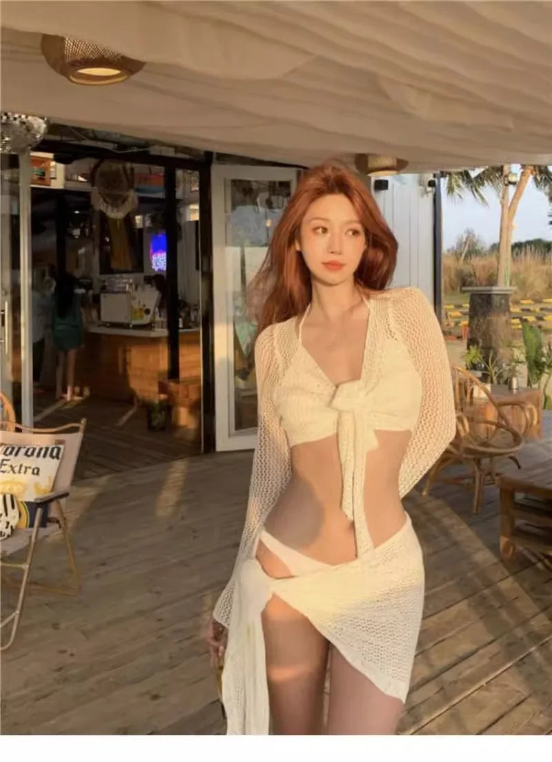 Sexy 4 Piece Lace Up Bikinis Set Women Swimsuit Solid Long Sleeve Cover Up with Skirt Swimwear New Push Up Bathing Suit Bikini