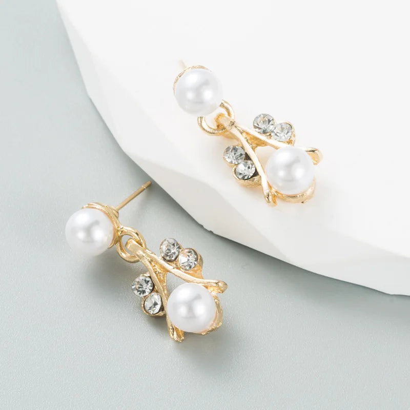 Classic Imitation Pearl Necklace Earring Bracelet for Women Kpop Fashion Gold Color Zircon Wedding Jewelry Sets Bride Accesories