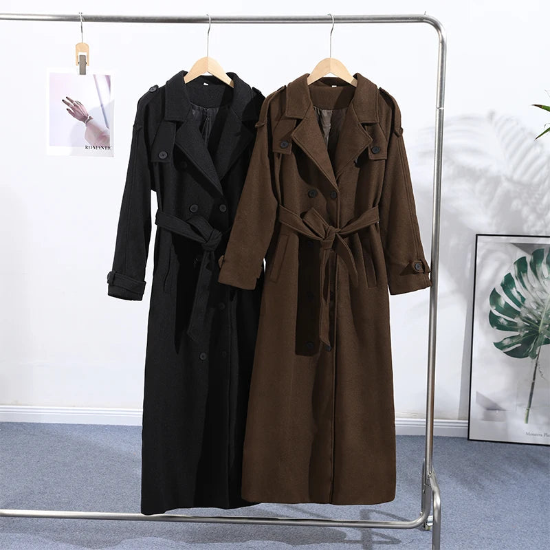 Elegant Woolen Long Coats Women Double-breasted Turn-down Collar Full Sleeves Jackets 2025 Autumn Winter Fashion Outwears Lady