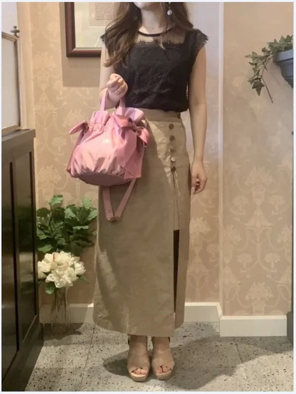 Japanese Style New Double-Sided Drawstring Bags Sweet Cute Girl Ladies Satin Bow Crossbody Shoulder Portable Handbag