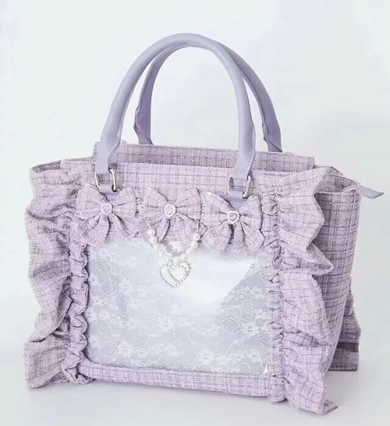 Japanese Style Mine Ita Bag Ruffled Lace Women Girls Rhienstone Pearl Bowknot Square Tote Shoulder Portable Bolso Handbags