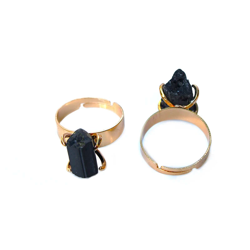 Raw Black Tourmaline Ring Resizable Golden Irregular Genuine Rough Stone Handmade Finger Jewelry for Women
