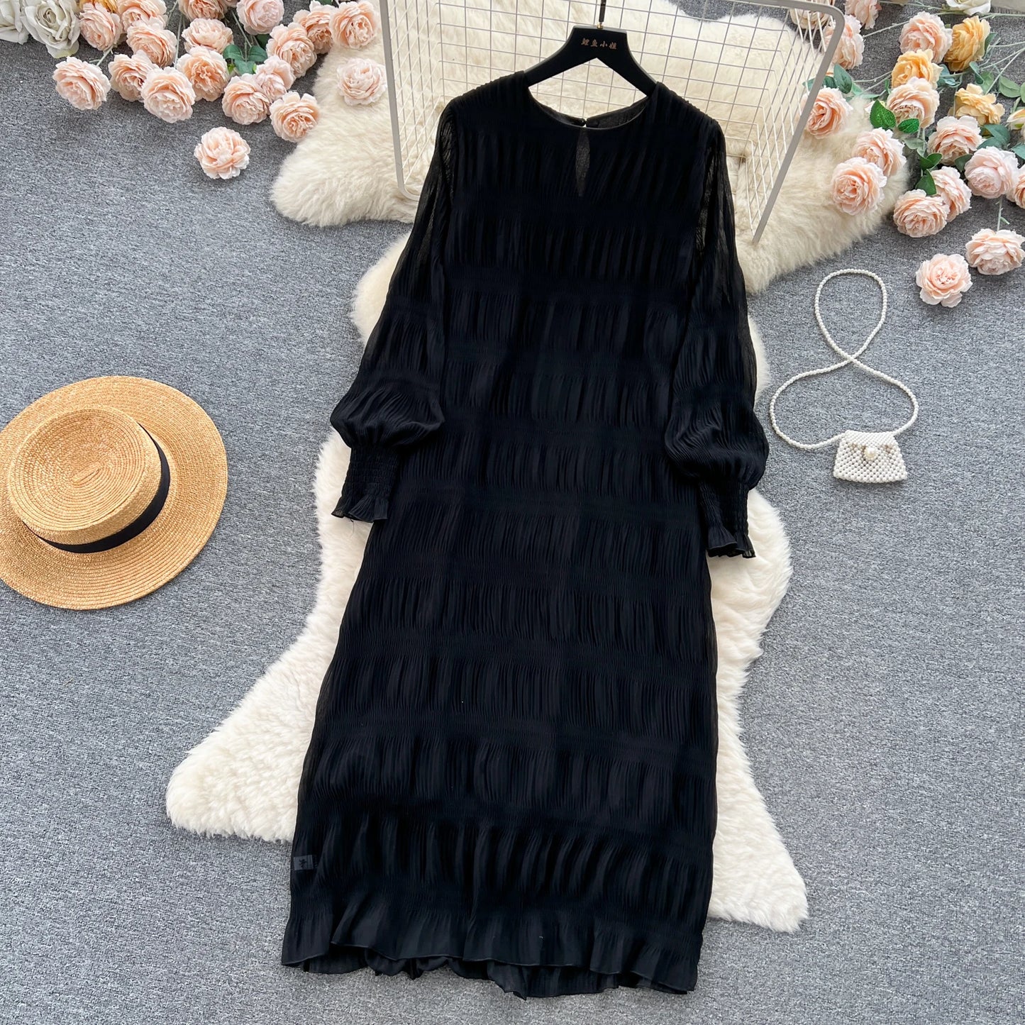 Autumn Vintage Women Draped Loose Midi Dress Elegant Round Collar Puff Long Sleeve Robe Casual Yellow/Burgundy/Green Vestido New