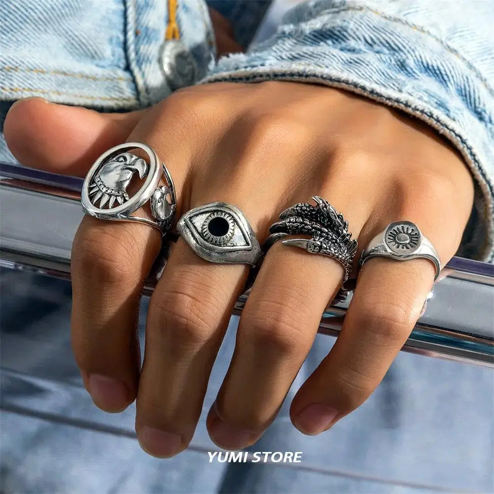 Vintage Devil Eye Ring Set For Man Punk Charm Eagle Ring Set Jewelry Cool Stuff Male Gift Accessories Wholesale