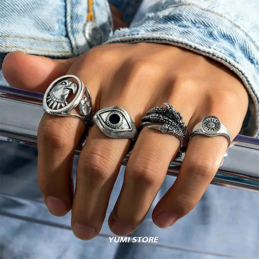 Vintage Devil Eye Ring Set For Man Punk Charm Eagle Ring Set Jewelry Cool Stuff Male Gift Accessories Wholesale