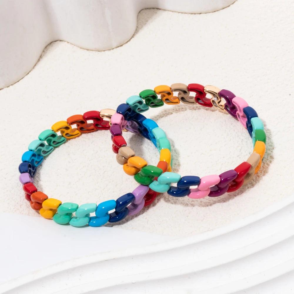 Rainbow Color Link Chain Shape Enamel Bracelets For Women Boho Beaded Bangle Accessory