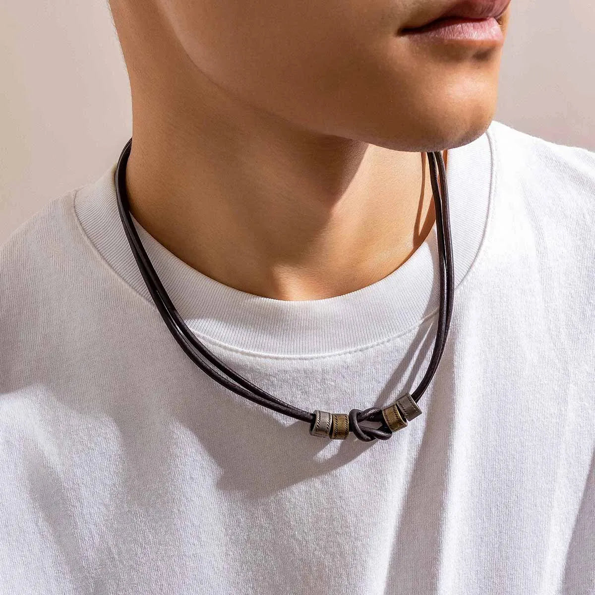 Vintage Pu Leather with Metal Beads Choker Necklace for Men Trendy Collar on the Neck Accessories 2023 Fashion Jewelry Male Gift