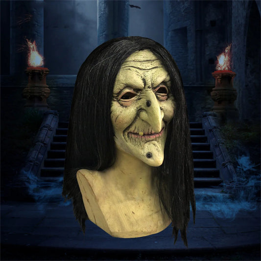 Halloween Old Woman Witch Mask With Horror Green Face Long Hair Party Costume Cosplay Masks Props Cosplay Headdress