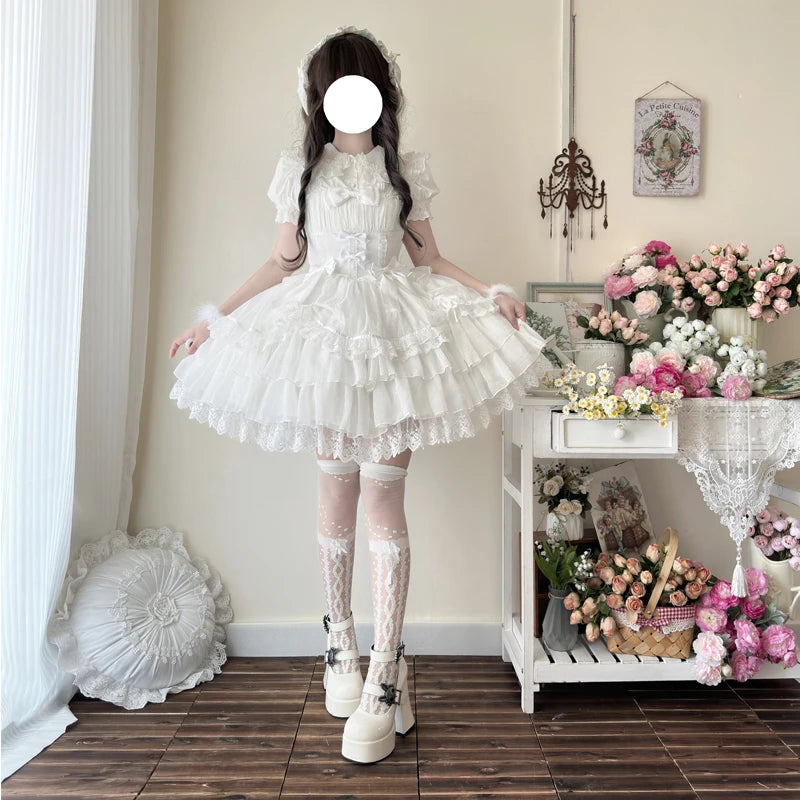 Original Design New Summer Lolita Dress Women's Sweet Flower Wedding Lace Bowknot JSK Sling Dress Black and White Princess Dress