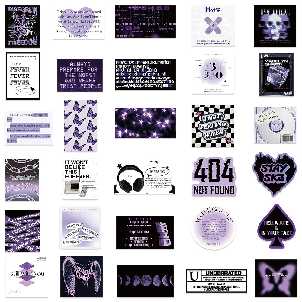 60PCS Y2k Dark Purple Cool Girl Stickers Decal DIY Decoration Suitcase Scrapbooking Phone Laptop Stationery Cute Kid Toy Sticker