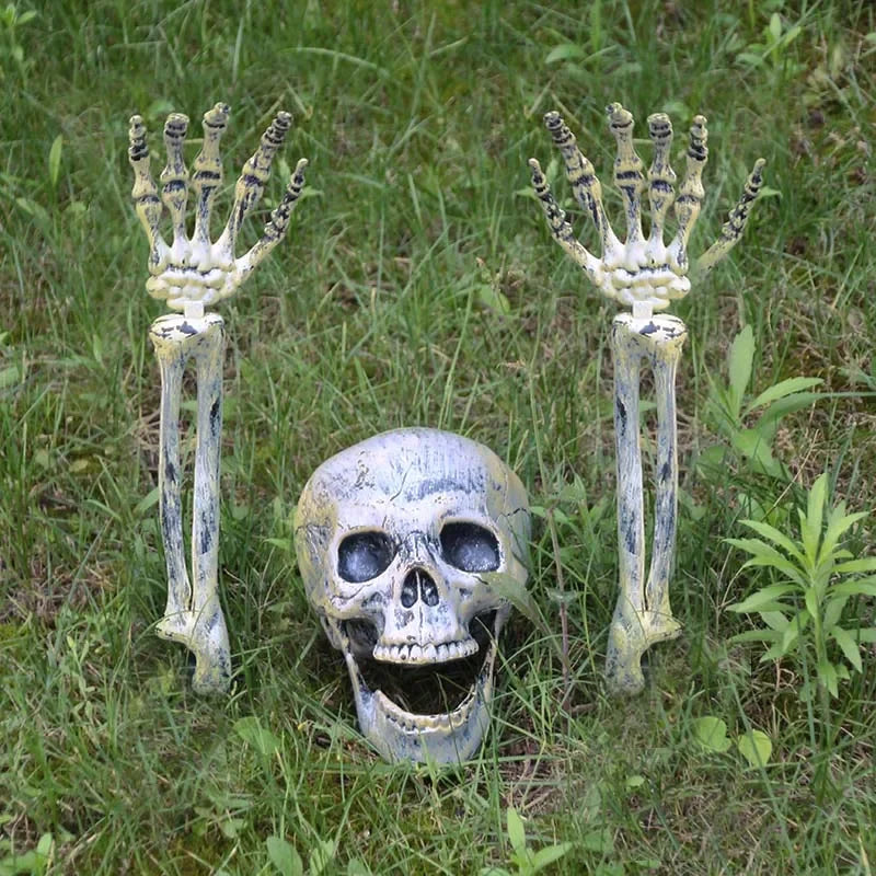 Realistic Skeleton Stakes Halloween Realistic Skull Skeleton Head Human Hand Arms for Halloween Party Home Garden Lawn Decor