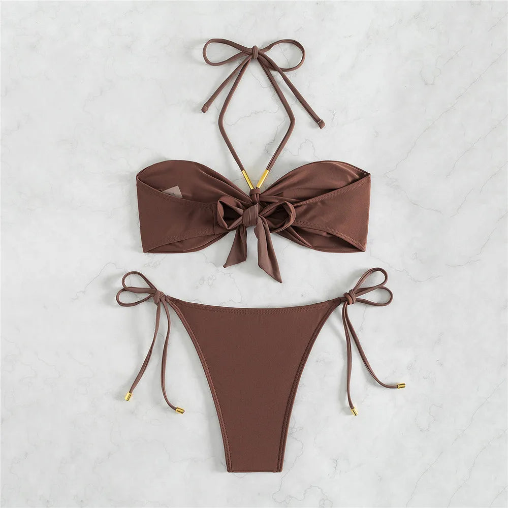 Brown Swimwear String Halter Bandeau Bikinis Sets Micro Thong Sexy Swimsuit Women Back Knotted Bathing Suit Bikini Mujer 2025