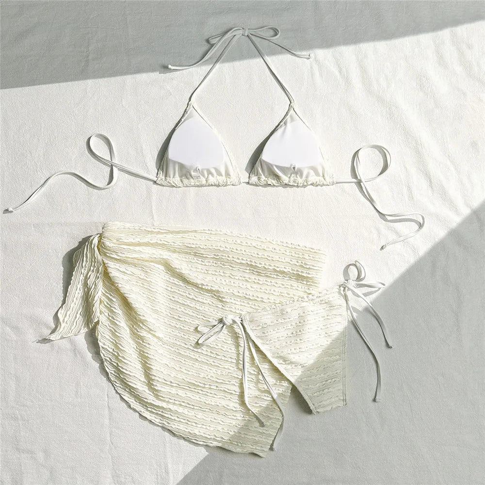 Khaki Fold Swimwear for Women 3 Piece Bikini Set Cover Up Micro Thong Sexy Swimsuit Beach Wear String Halter Triangle Bikinis