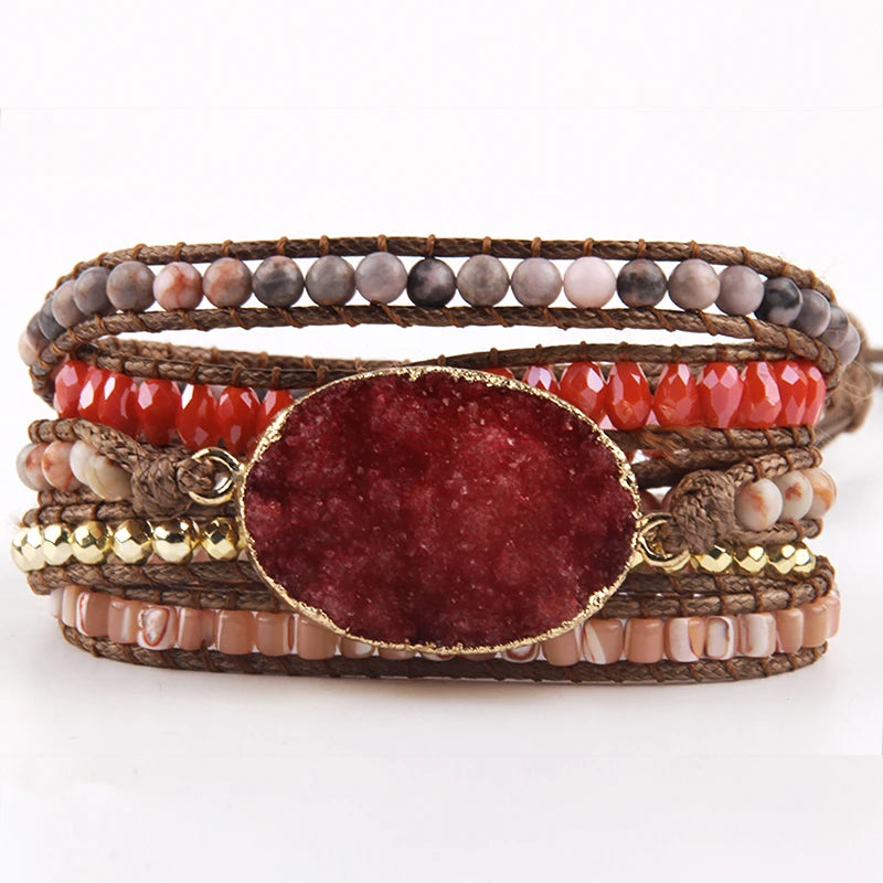 Fashion Bohemian Jewelry Bracelet Mixed Natural Stones Multicolor Big Druzy Charm Handma Wrap Bracelets Gift