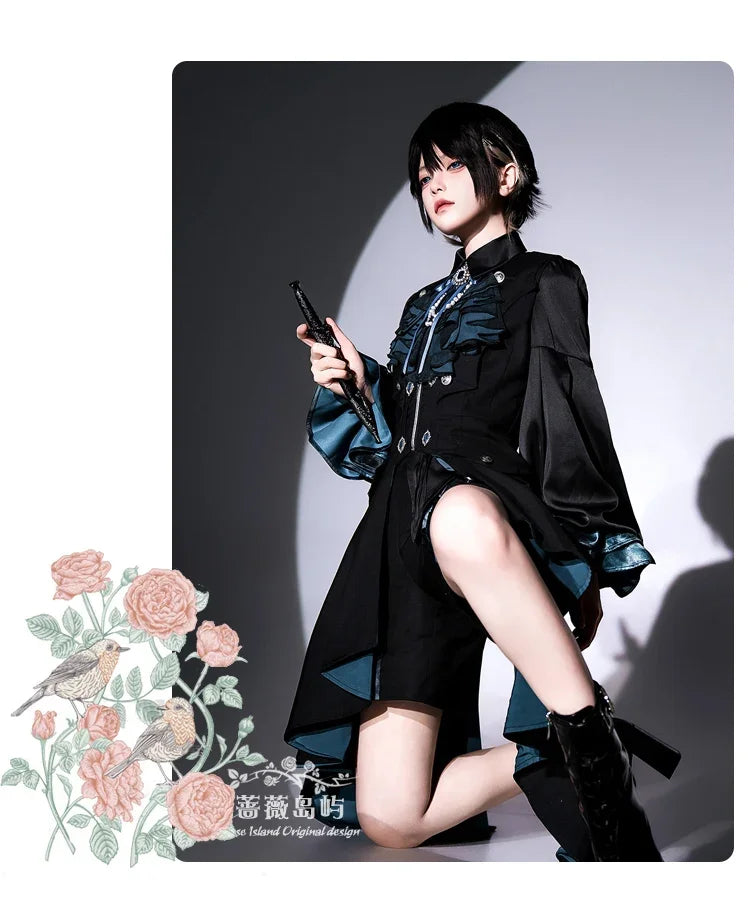 Original Dark Goth Prince Clothing Set New Spring Summer Women's Cool Black Shirt Irregular Vest Shorts 3 Piece Suit Outfits