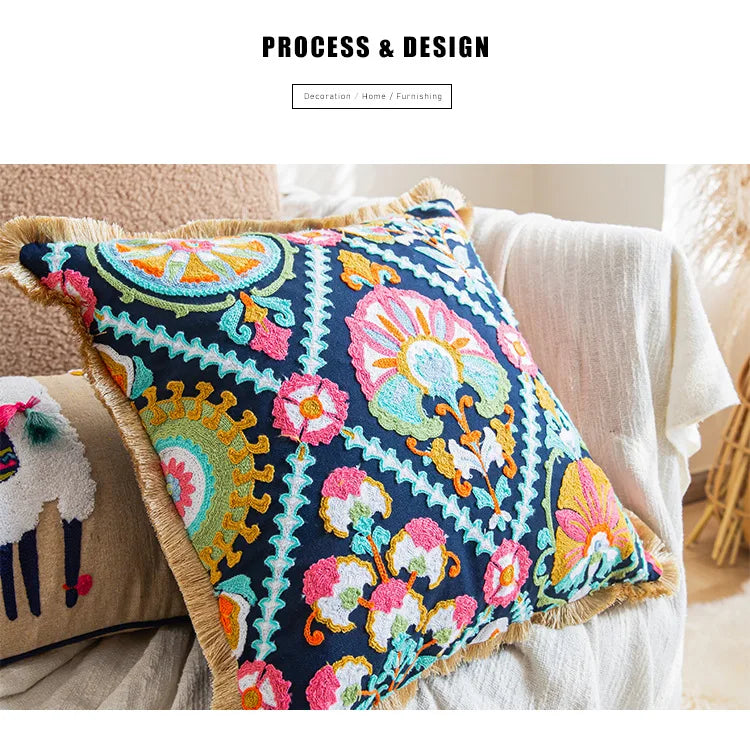 Nordic Ethnic Style Cushion Cover Cotton Moroccan Handmade Embroidery Cotton Tassel Throw Pillow Cover Living Room Home Decor