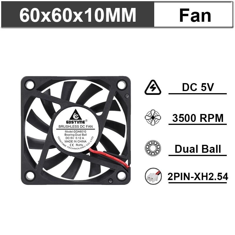 Gdstime 60mm 6cm Brushless Cooler USB 2Pin 3Pin DC 5V 12V 24V Fan 60x10mm 6010 Dual Ball for Computer Pc Cpu Case Cooling Fan