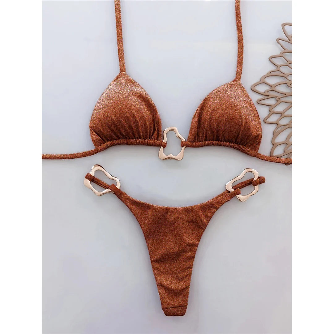 Shiny Metal Ring Halter Mini Thong Bikini Women Swimwear Female Swimsuit Two-pieces Bikini set Bather Bathing Suit Swim V6438