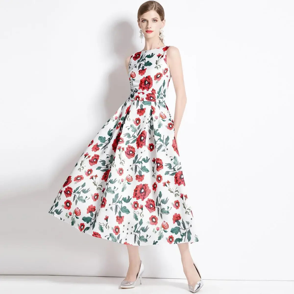 Summer New Long Floral Print Dress Big Hemline Slimming Fashionable Umbrella Skirt Style Sleeveless Women's Dress