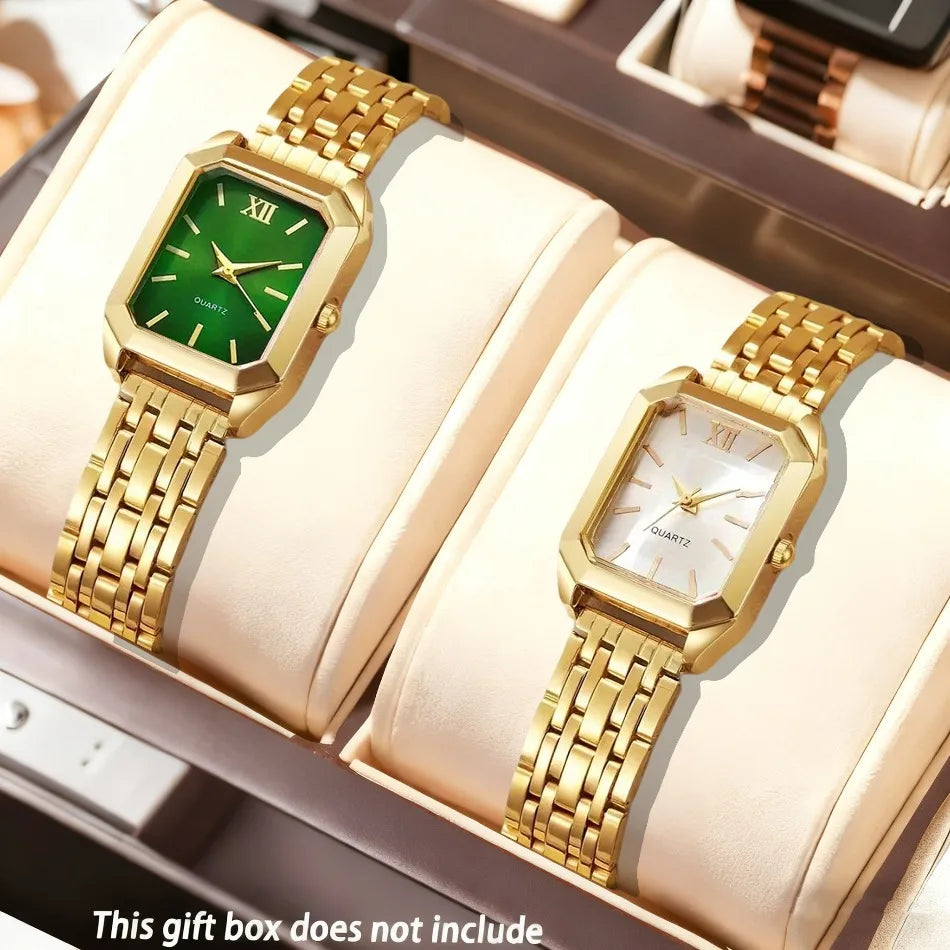 2pcs Women'S Watch Set - Elegant Square Quartz Watches with Stainless Steel Bands, Perfect Gift for Her, Giving Best Gift Sets