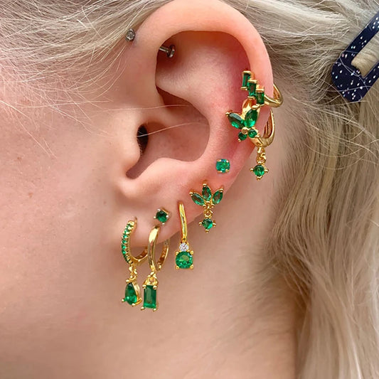 Fashion Green Color Zircon Small Hoop Earrings Women Geometry Butterfly Piercing Earring Wedding Korean Jewelry New Arrival 2023