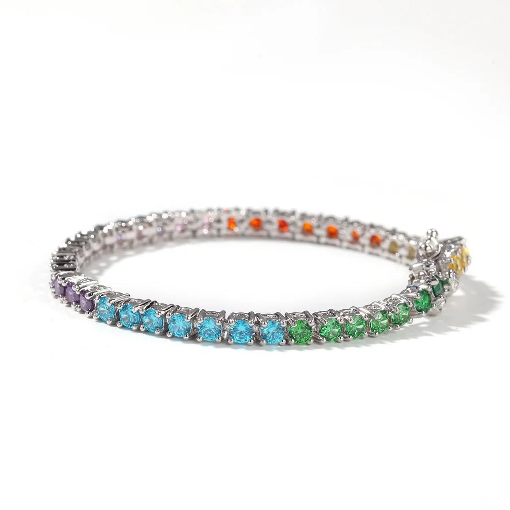 Pure Silver Rainbow Tennis Bracelet Pave 3.5MM Bling Rainbow Zircon 18K Gold Plated Beautiful Real 925 Fashion Exquisite Jewelry