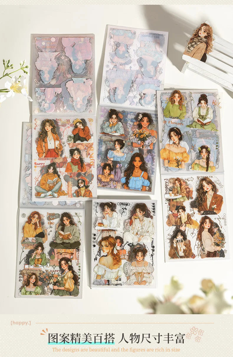 18Pcs PET Sticker Book Holiday Style Decorative Character pack Girls Bottom Daily Stationery Background Scrapbook cut 160*105mm