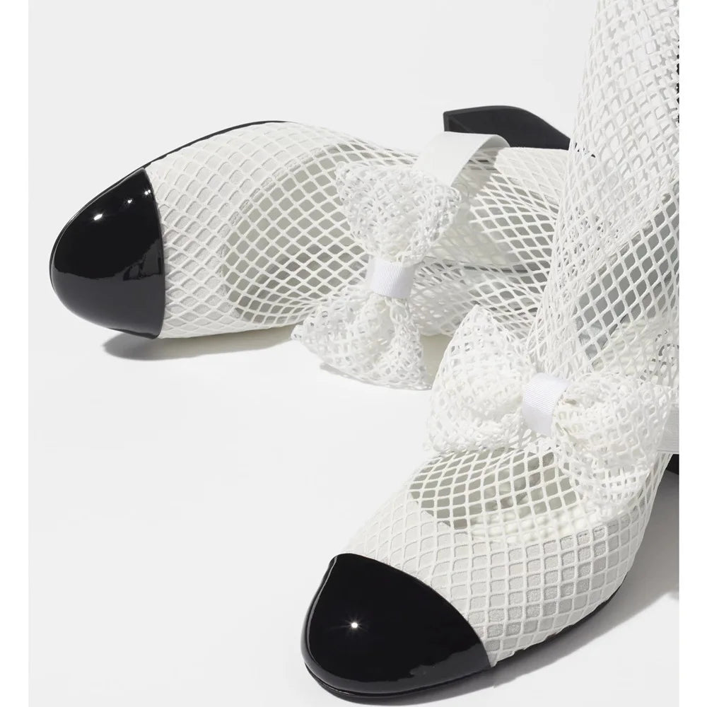 Rhinestone Mesh Upper Bow Mary Janes Shoes Block High Heels Splicing Elastic Slip-on Designer Women's  Elegance Party Footweant