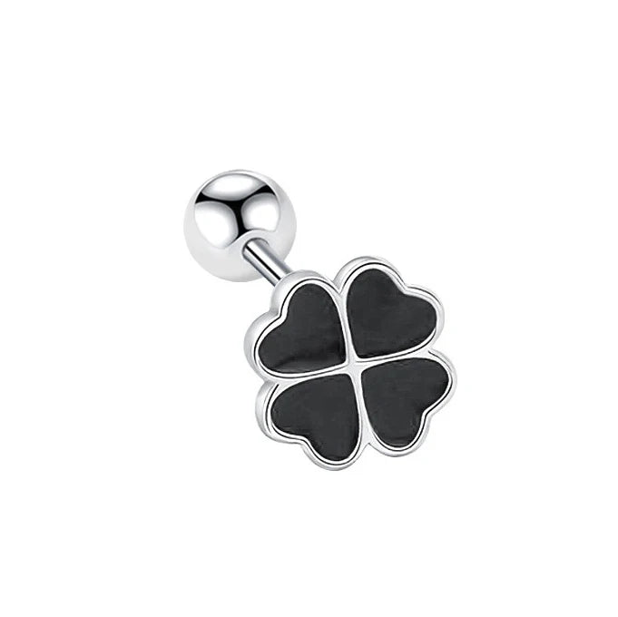 One Piece 925 Silver Cute Black Heart Clover Plant Stud Earrings for Fashion Women Fine Jewelry Minimalist Accessories