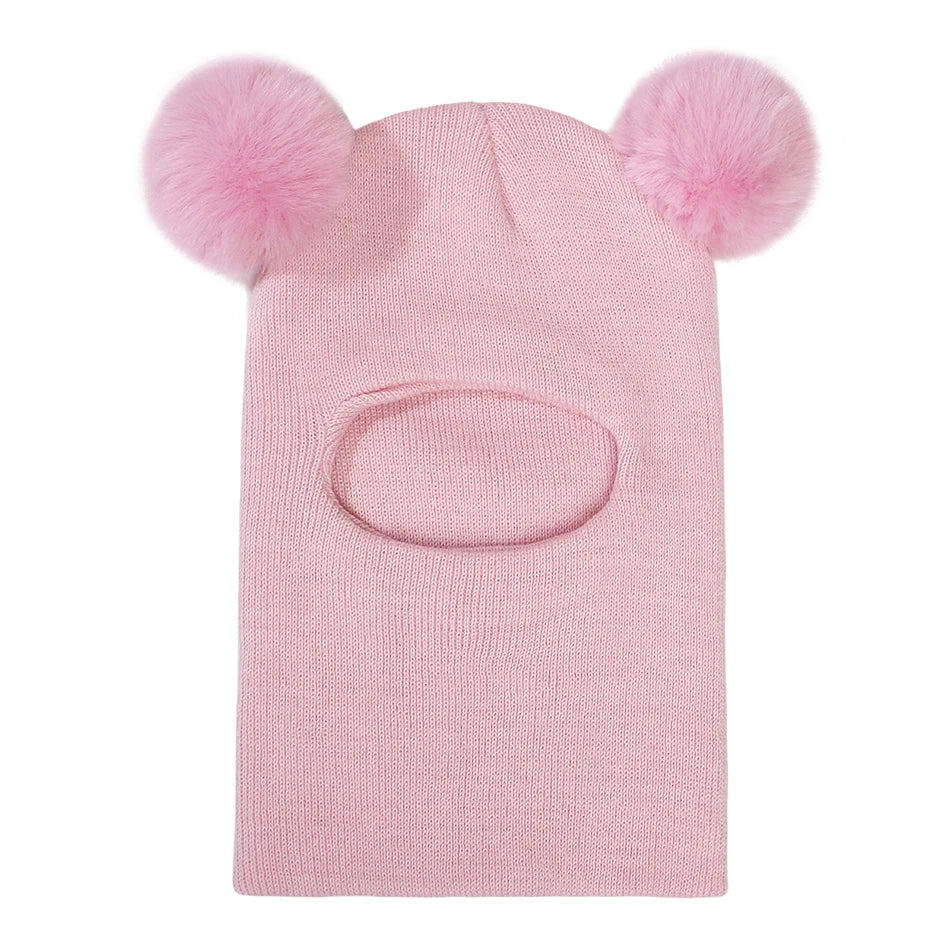 Kids Autumn Winter Pullover Hat Children's Double Ball Ear Protection One-piece Hats Baby Yarn Knit Cap Balaclava Christmas Gift