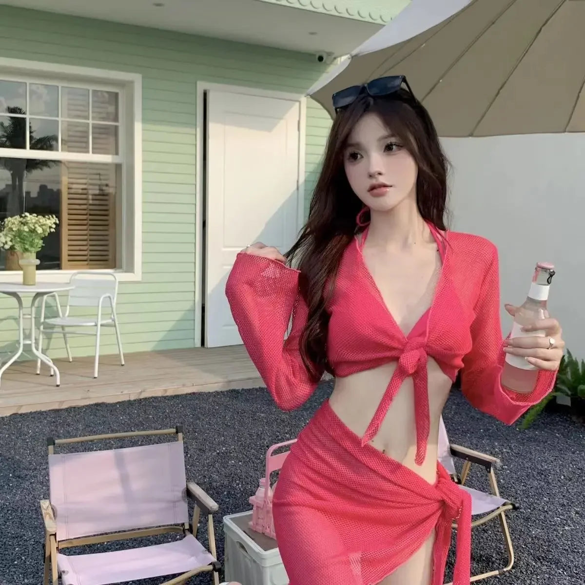 Sexy 4 Piece Lace Up Bikinis Set Women Swimsuit Solid Long Sleeve Cover Up with Skirt Swimwear New Push Up Bathing Suit Bikini