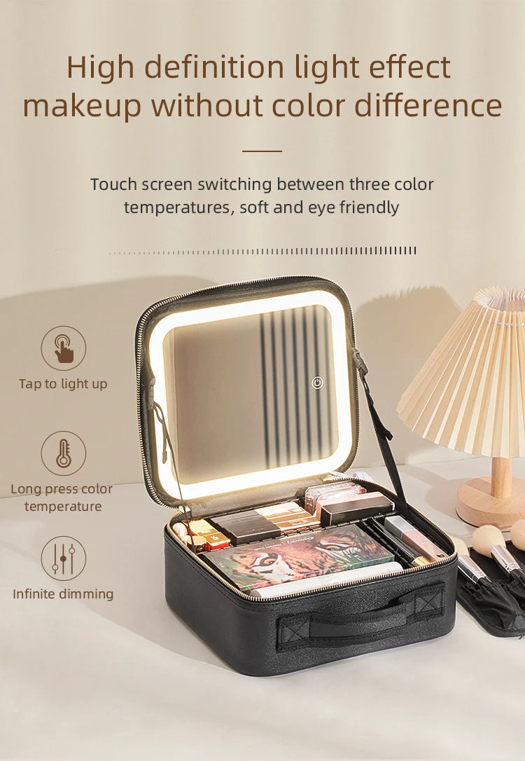 Makeup Travel Train Case with LED Lighted Mirror, 3 Color Adjust Settings, Travel Makeup Bag With Adjustable Dividers,