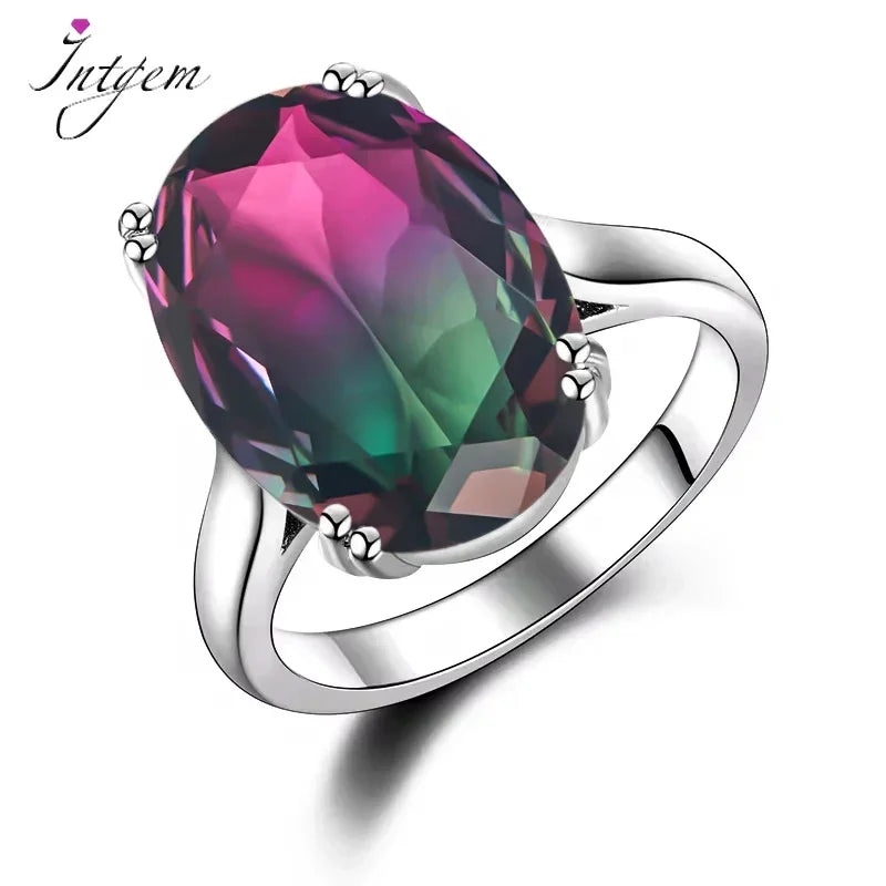 S925 Silver Fashion Large Oval AAAAA Zircon Rainbow Gemstone 13*18mm Multicolor Tourmaline For Woman Wedding Ring Bridal Jewelry