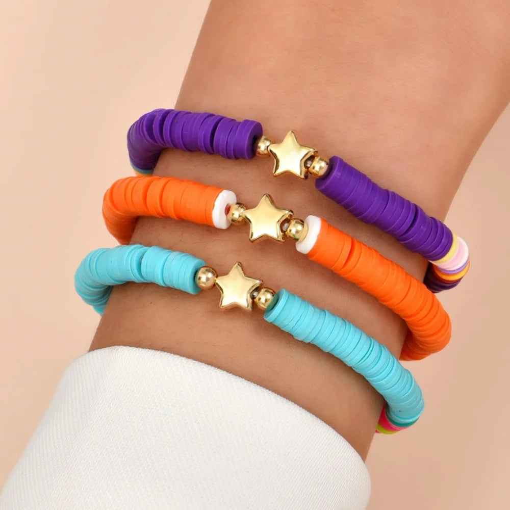 Fashion Rainbow Stackable Bracelets Set For Women Heart Charm Soft Clay Pottery Layering Beads Chain Bangle Female Boho Jewelry