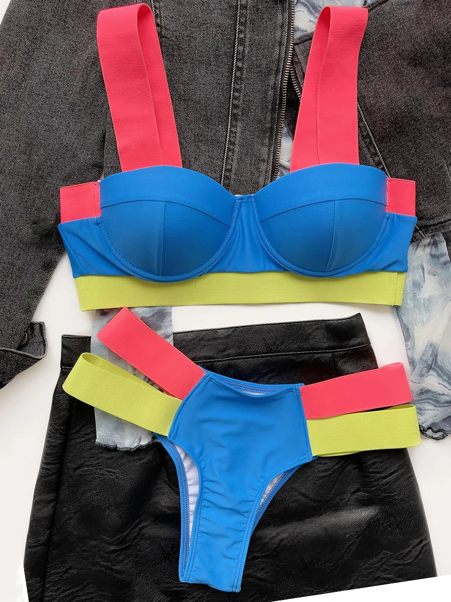 Solid Bandage Bikini Women Push Up Swimsuit Sexy Swimwear Female Brazilian Bathing Swimming Suit Bather Splicing Color Beachwear