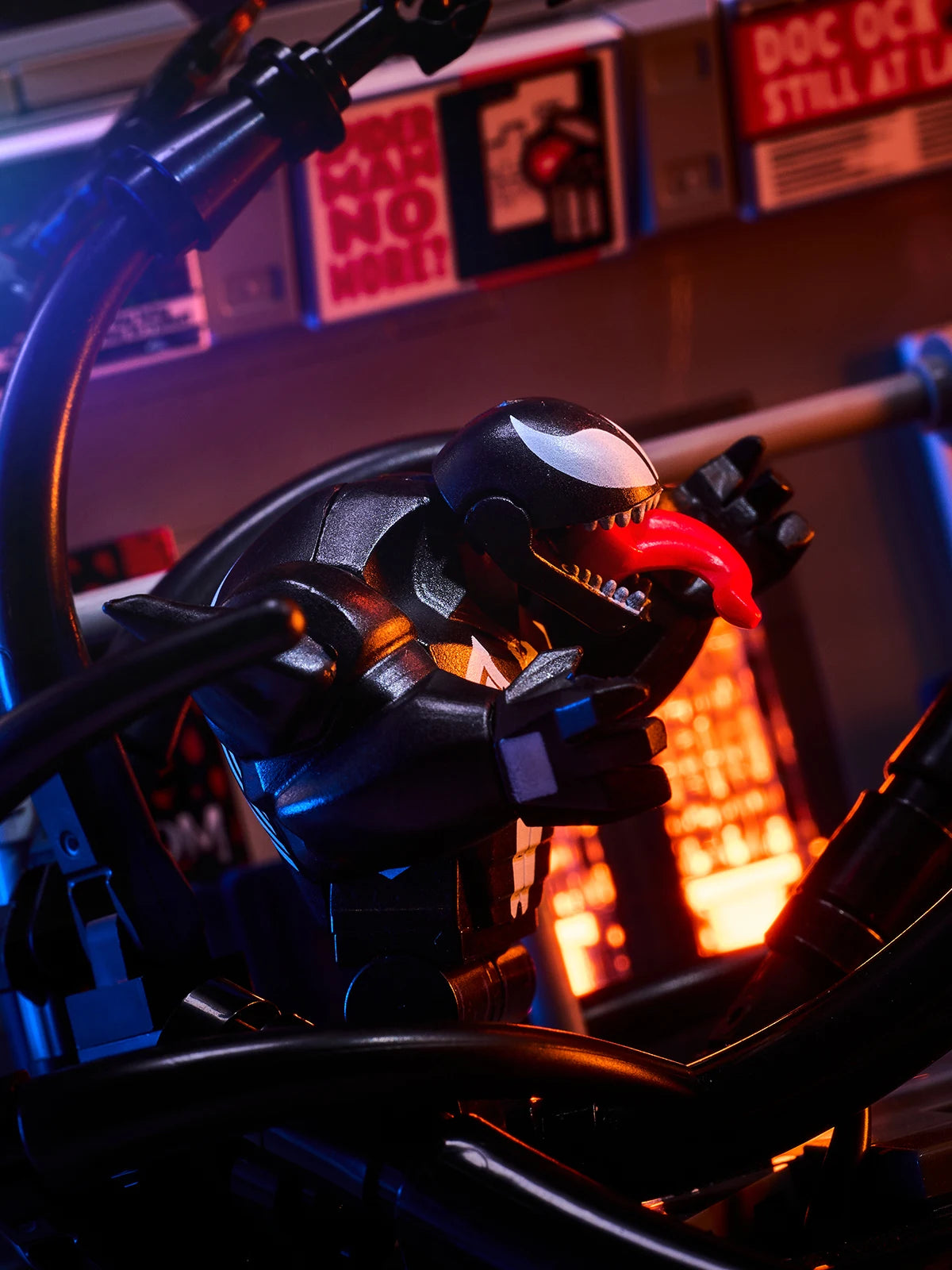 MOC scene: Marvel Venom vs. Spider-Man in the subway. Spider-Man's assembled toy bricks. Christmas gift for a boy and a girl.