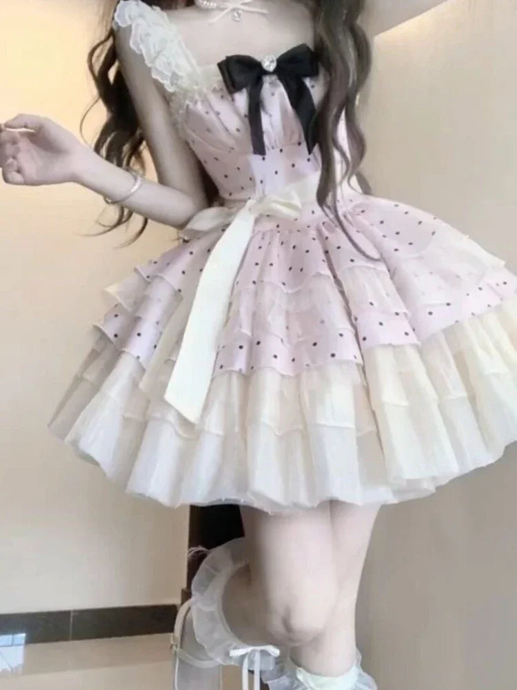Spring Japanese Sweet Birthday Party Dress Women Y2k Cute Polka Dot Design Bodycon Dress Female Bow Korea Style Chic Clothing