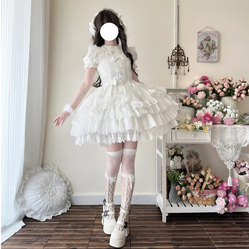 Original Design New Summer Lolita Dress Women's Sweet Flower Wedding Lace Bowknot JSK Sling Dress Black and White Princess Dress