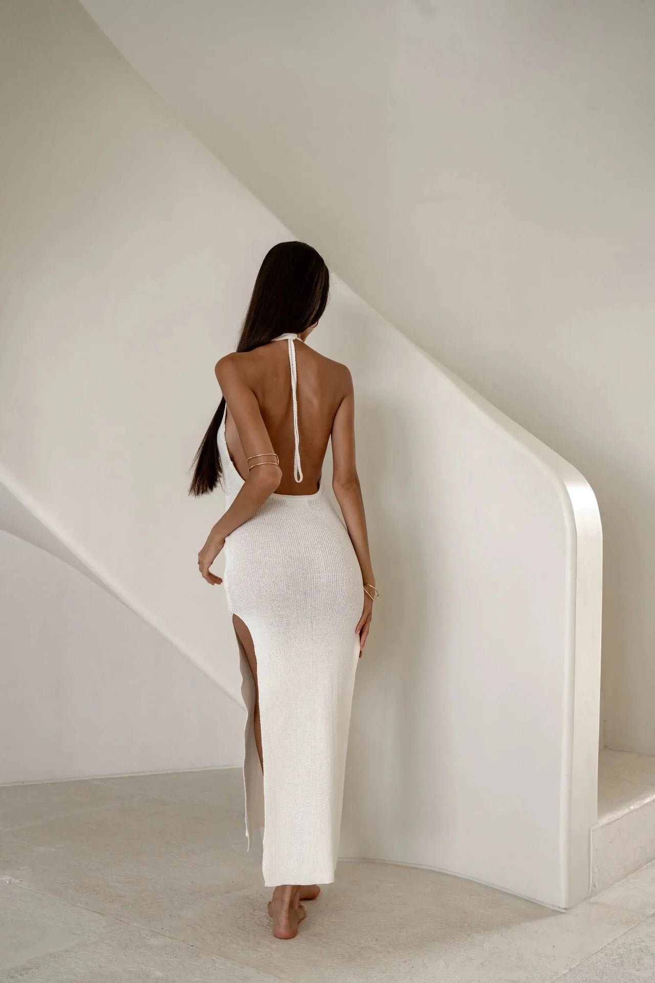 2024 Kintted Cover Up Beach Sexy See Through Maxi Slit Bodycon Backless Summer Dress Bikinis Cover-ups Elegant Halter Beachdress