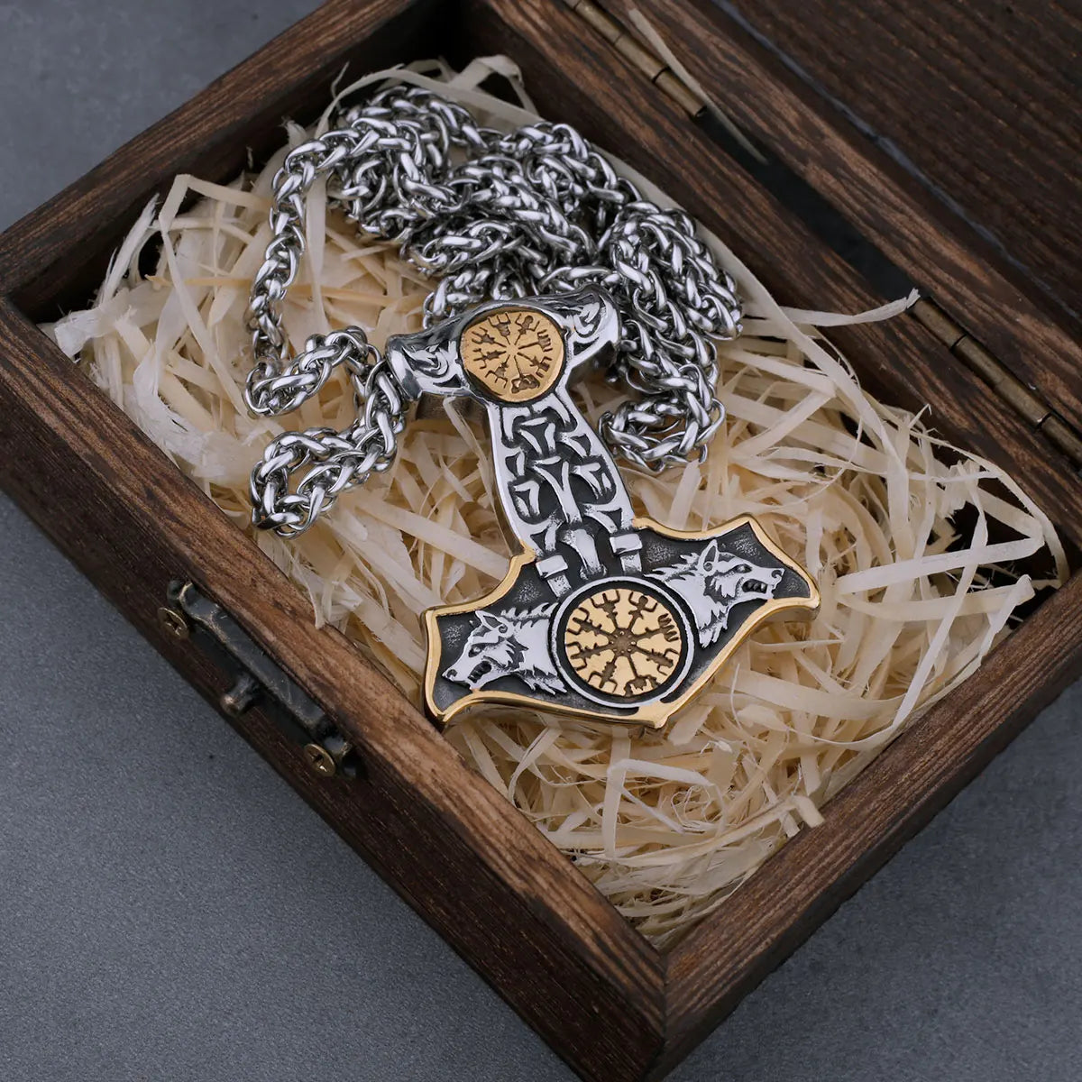 Stainless Steel Viking Thor's Hammer Mjolnir Wolf Head and Road Sign Compass Necklace Men's Norway Amulet Pendant Viking Jewelry